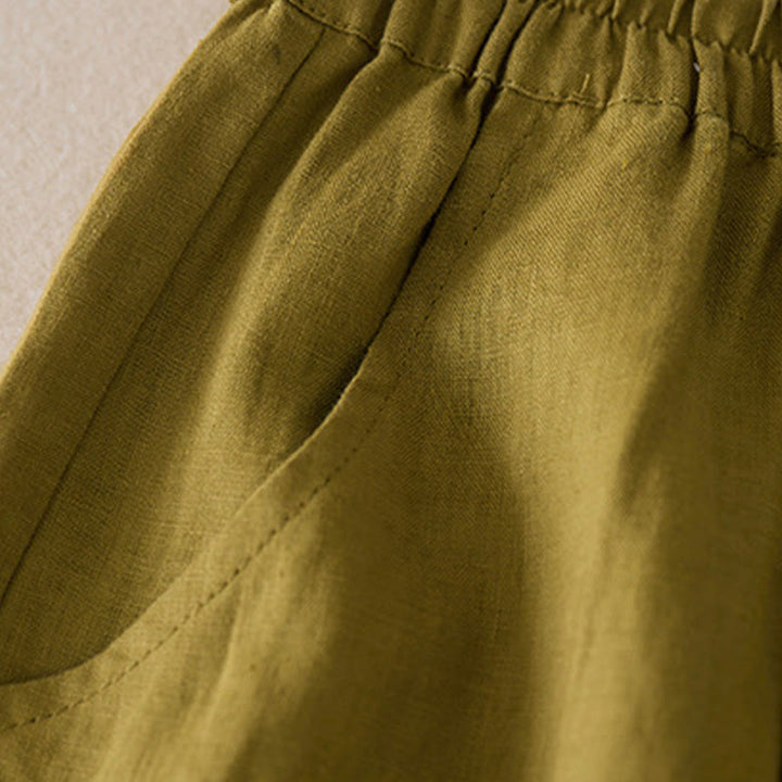 Pantalones cortos de lino y algodón de color liso y casual con Buddha Stones para mujer con bolsillos