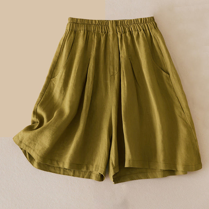 Pantalones cortos de lino y algodón de color liso y casual con Buddha Stones para mujer con bolsillos