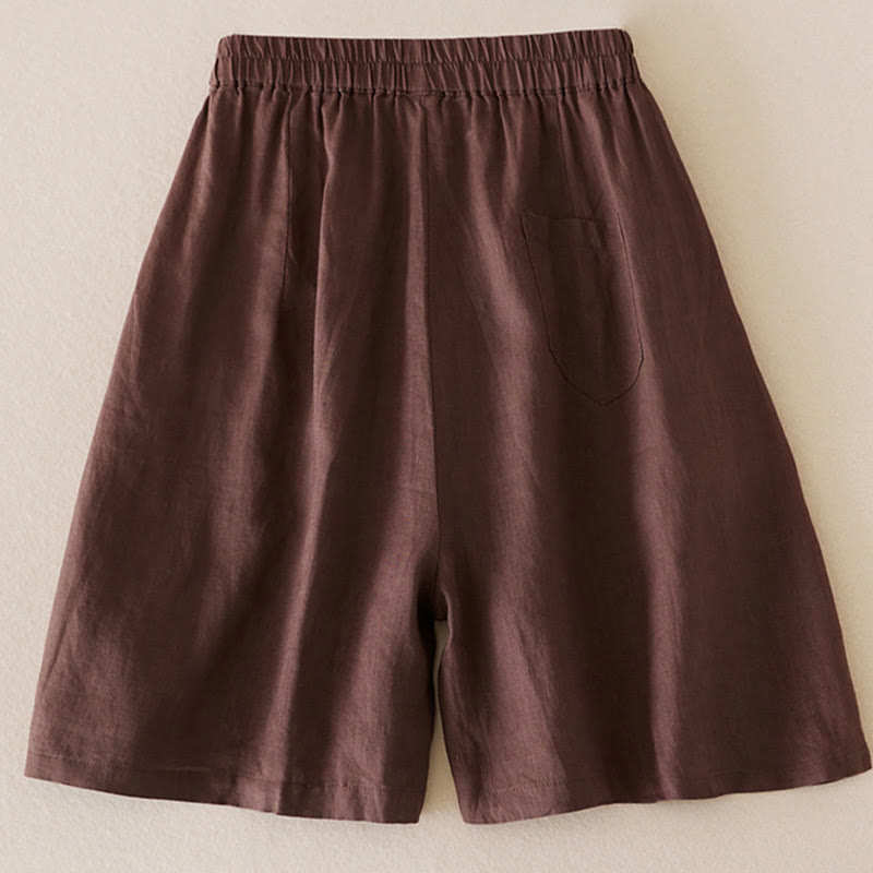 Pantalones cortos de lino y algodón de color liso y casual con Buddha Stones para mujer con bolsillos