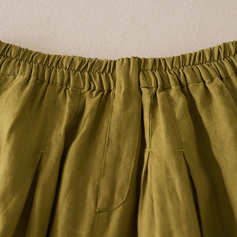 Pantalones cortos de lino y algodón de color liso y casual con Buddha Stones para mujer con bolsillos