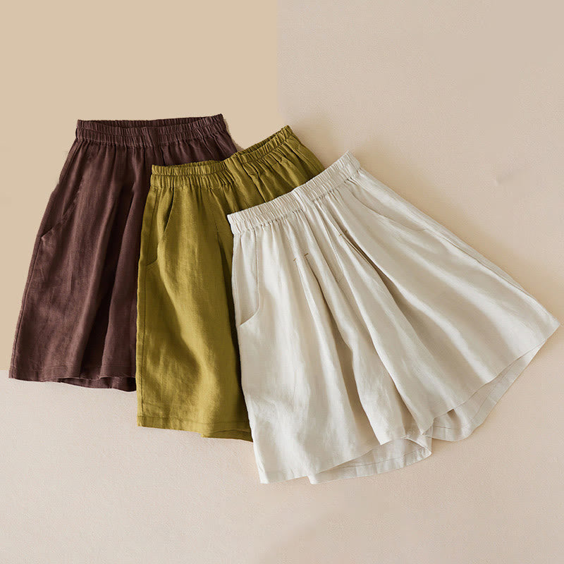 Pantalones cortos de lino y algodón de color liso y casual con Buddha Stones para mujer con bolsillos