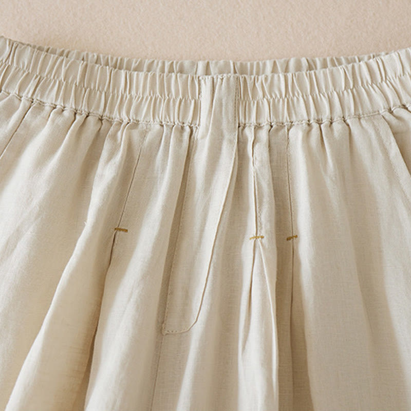 Pantalones cortos de lino y algodón de color liso y casual con Buddha Stones para mujer con bolsillos