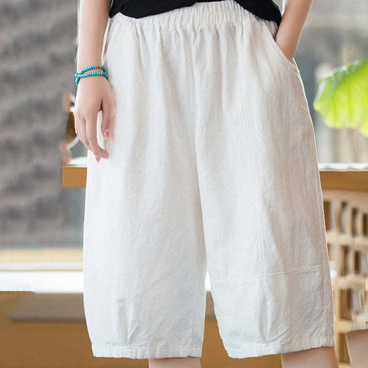 Pantalones cortos casuales de algodón y ramio de color liso con bolsillos para mujer de Buddha Stones