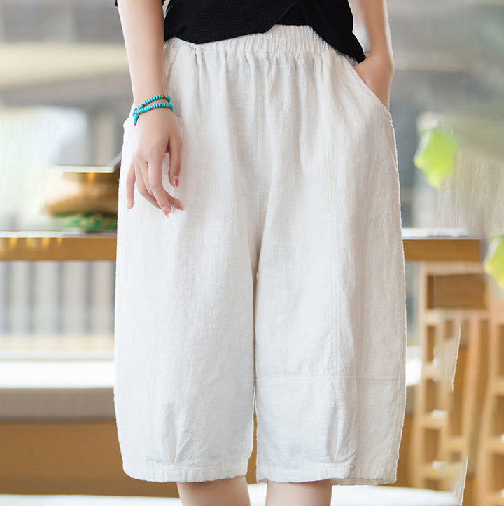 Pantalones cortos casuales de algodón y ramio de color liso con bolsillos para mujer de Buddha Stones