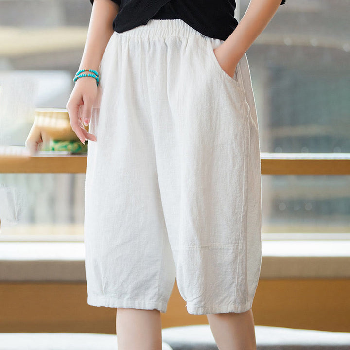 Pantalones cortos casuales de algodón y ramio de color liso con bolsillos para mujer de Buddha Stones