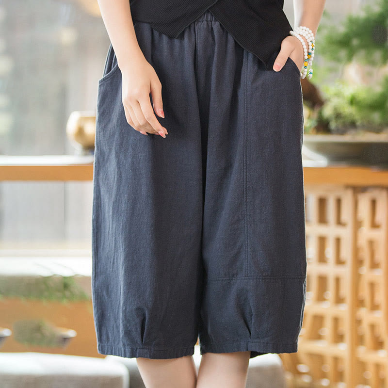 Pantalones cortos casuales de algodón y ramio de color liso con bolsillos para mujer de Buddha Stones