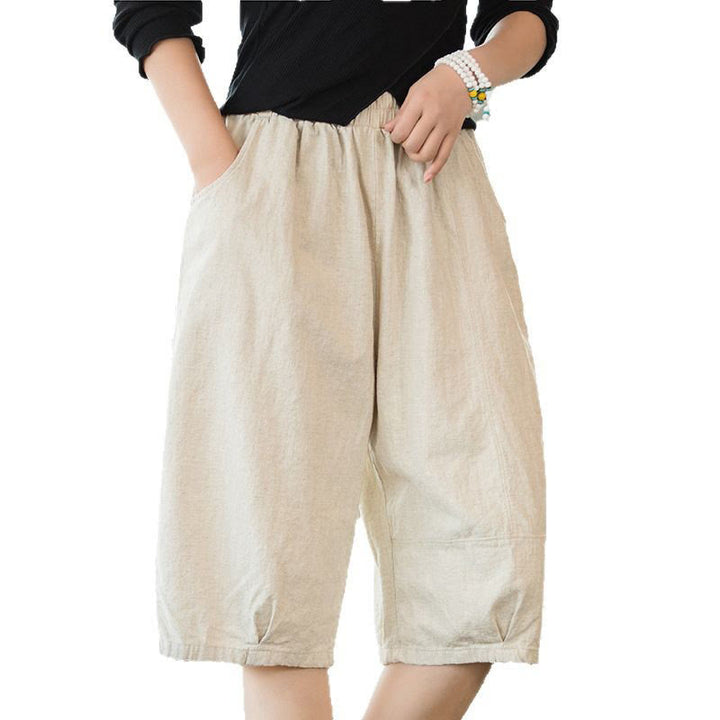 Pantalones cortos casuales de algodón y ramio de color liso con bolsillos para mujer de Buddha Stones