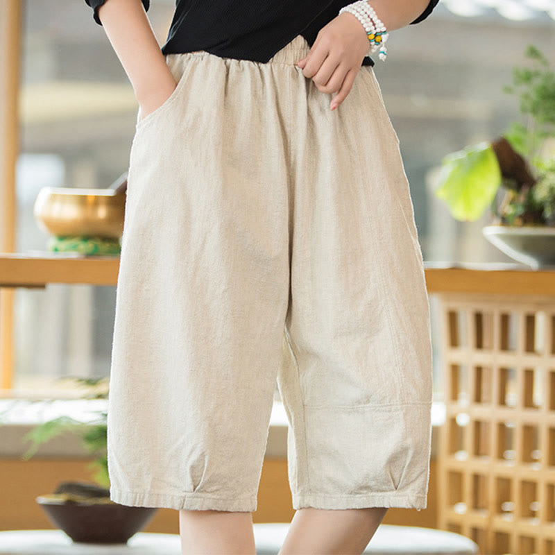 Pantalones cortos casuales de algodón y ramio de color liso con bolsillos para mujer de Buddha Stones