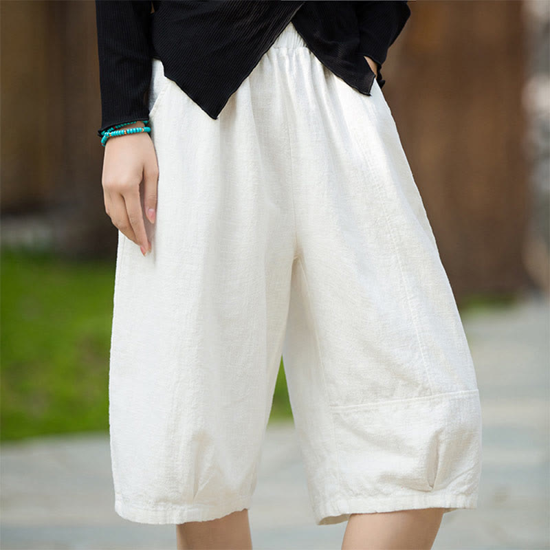 Pantalones cortos casuales de algodón y ramio de color liso con bolsillos para mujer de Buddha Stones