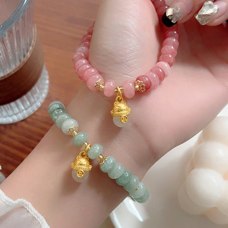 Pulsera curativa con cuentas de gato de la suerte de jade cian y cuarzo fresa y Buddha Stones - image 19