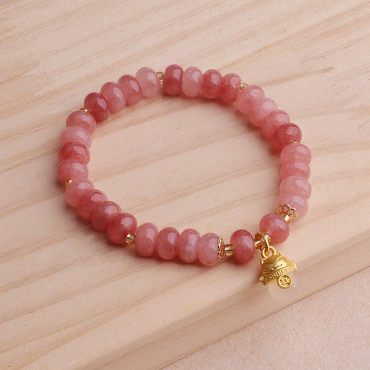 Pulsera curativa con cuentas de gato de la suerte de jade cian y cuarzo fresa y Buddha Stones - image 7