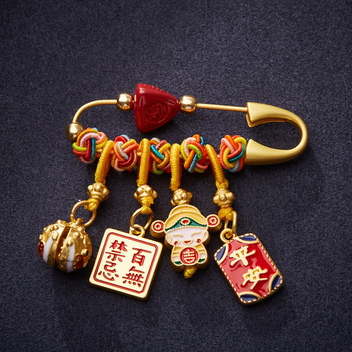 Broche de bendición de cobre con el personaje de Zongzi Fu de cinabrio y Buddha Stones, Caishen, Dios de la riqueza, seguro y sano