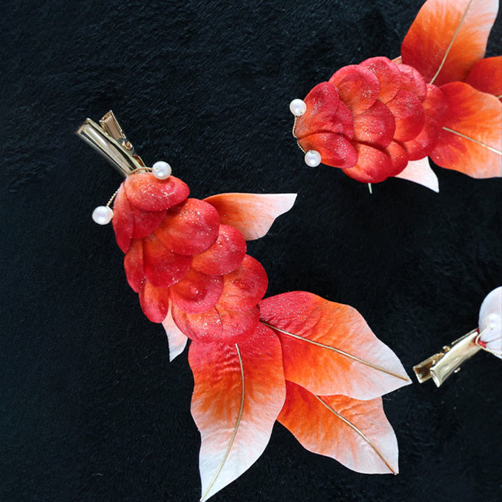 Broche para el pelo con forma de pez koi rojo y flores de terciopelo de Yangzhou hecho a mano con Buddha Stones