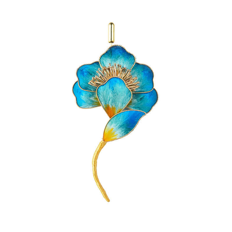 Broche de flor de seda de morera azul con flores de terciopelo hechas a mano con Buddha Stones