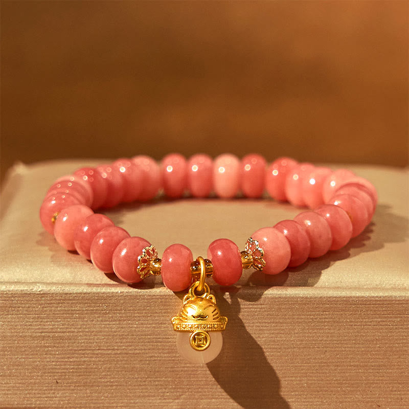 Pulsera curativa con cuentas de gato de la suerte de jade cian y cuarzo fresa y Buddha Stones - Cuarzo fresa (circunferencia de la muñeca: 15-16 cm) - image 1