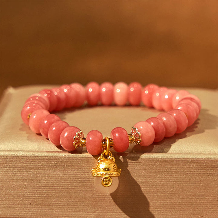 Pulsera curativa con cuentas de gato de la suerte de jade cian y cuarzo fresa y Buddha Stones - Cuarzo fresa (circunferencia de la muñeca: 15-16 cm) - image 1