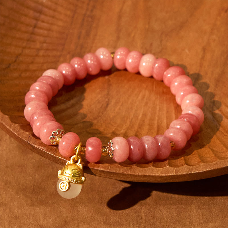 Pulsera curativa con cuentas de gato de la suerte de jade cian y cuarzo fresa y Buddha Stones - image 4