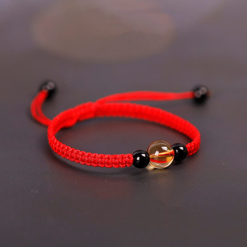 Pulsera de Buddha Stones de la suerte con nudo de la paz y nudo King Kong hecha a mano con cuentas de obsidiana negra y citrino