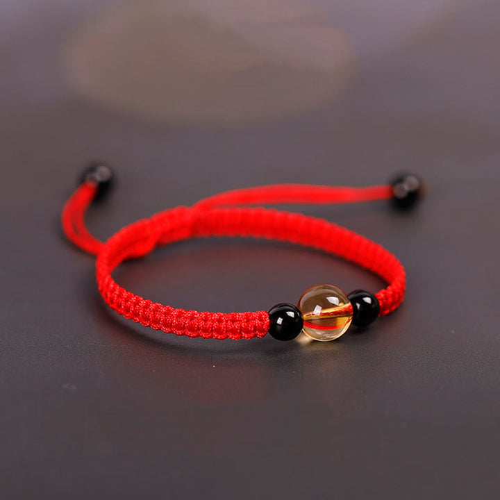 Pulsera de Buddha Stones de la suerte con nudo de la paz y nudo King Kong hecha a mano con cuentas de obsidiana negra y citrino