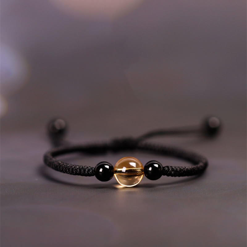 Pulsera de Buddha Stones de la suerte con nudo de la paz y nudo King Kong hecha a mano con cuentas de obsidiana negra y citrino