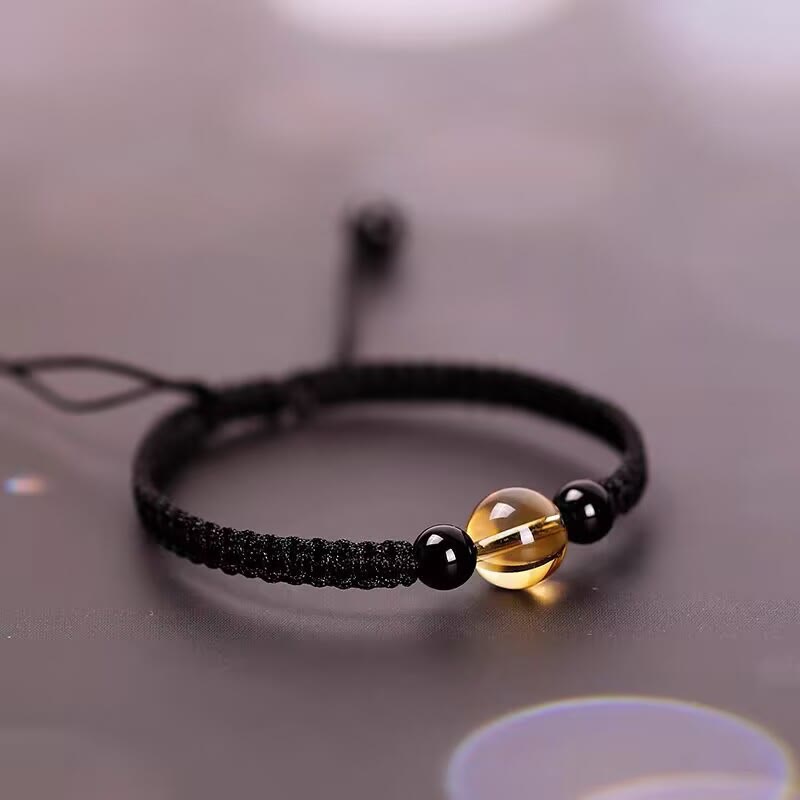 Pulsera de Buddha Stones de la suerte con nudo de la paz y nudo King Kong hecha a mano con cuentas de obsidiana negra y citrino