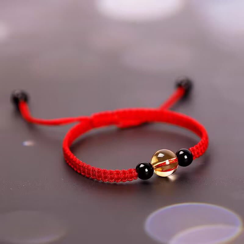 Pulsera de Buddha Stones de la suerte con nudo de la paz y nudo King Kong hecha a mano con cuentas de obsidiana negra y citrino
