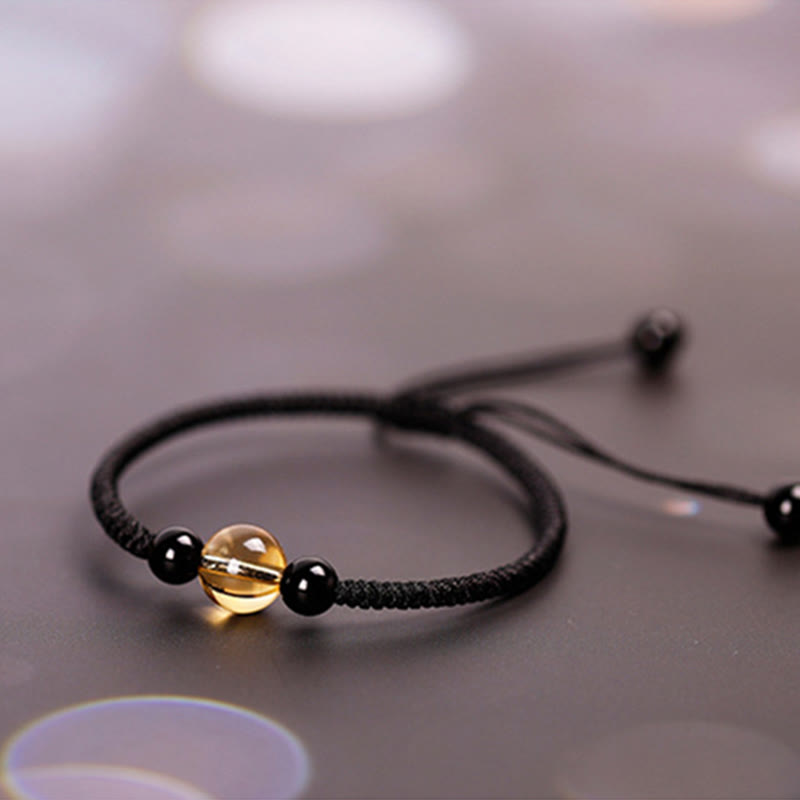 Pulsera de Buddha Stones de la suerte con nudo de la paz y nudo King Kong hecha a mano con cuentas de obsidiana negra y citrino