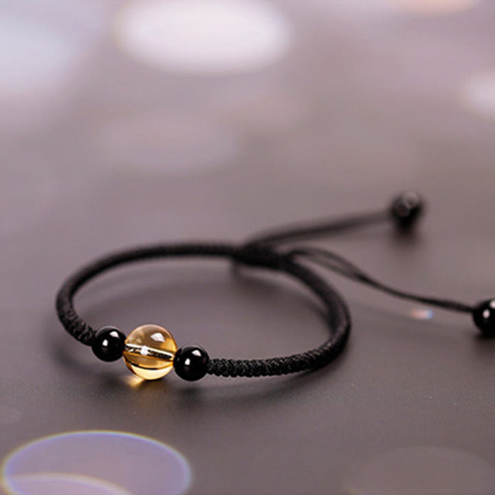Pulsera de Buddha Stones de la suerte con nudo de la paz y nudo King Kong hecha a mano con cuentas de obsidiana negra y citrino