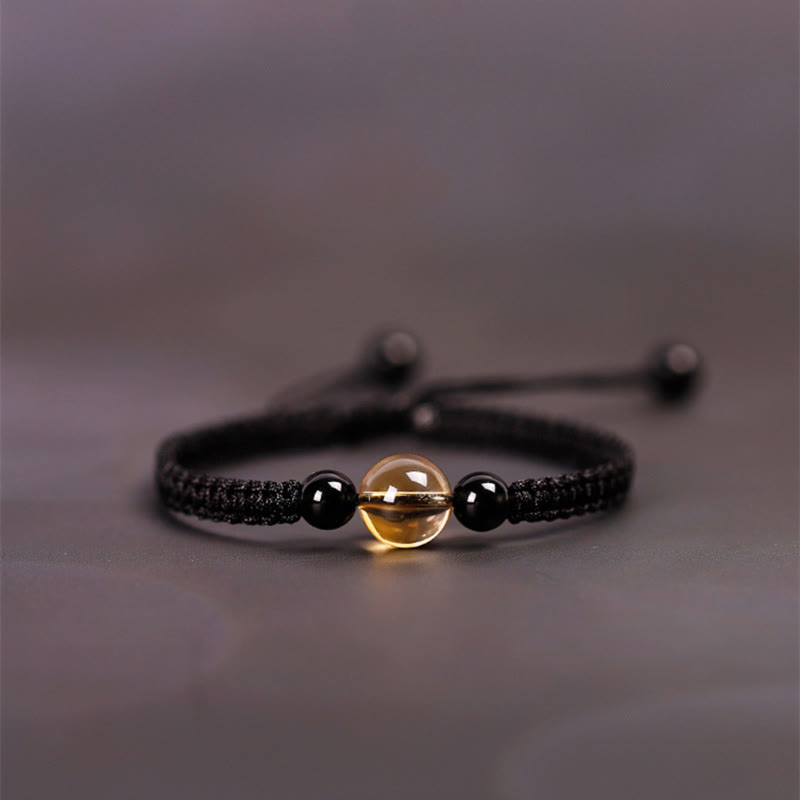 Pulsera de Buddha Stones de la suerte con nudo de la paz y nudo King Kong hecha a mano con cuentas de obsidiana negra y citrino