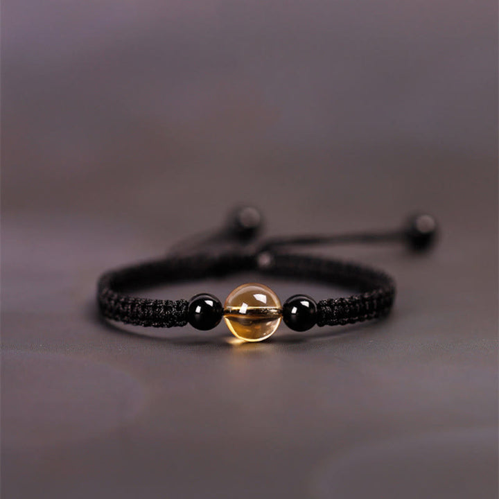 Pulsera de Buddha Stones de la suerte con nudo de la paz y nudo King Kong hecha a mano con cuentas de obsidiana negra y citrino