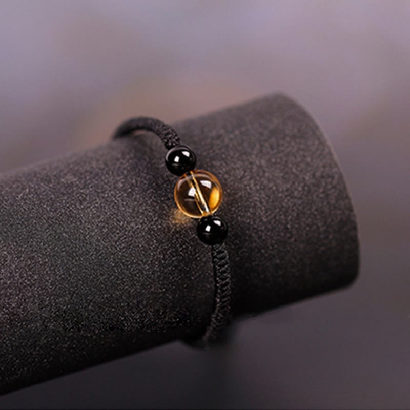 Pulsera de Buddha Stones de la suerte con nudo de la paz y nudo King Kong hecha a mano con cuentas de obsidiana negra y citrino