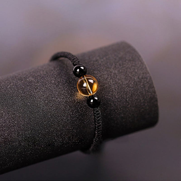 Pulsera de Buddha Stones de la suerte con nudo de la paz y nudo King Kong hecha a mano con cuentas de obsidiana negra y citrino