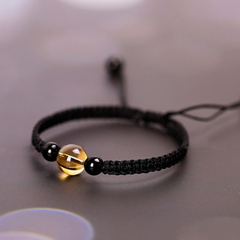 Pulsera de Buddha Stones de la suerte con nudo de la paz y nudo King Kong hecha a mano con cuentas de obsidiana negra y citrino
