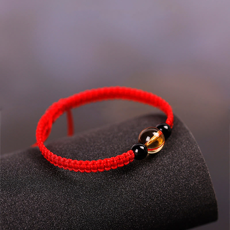 Pulsera de Buddha Stones de la suerte con nudo de la paz y nudo King Kong hecha a mano con cuentas de obsidiana negra y citrino