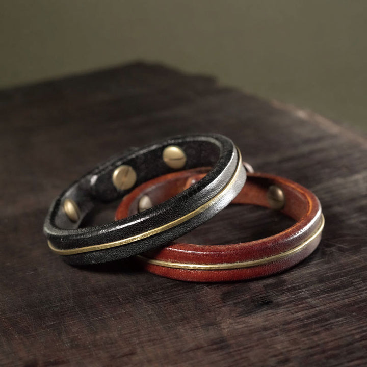 Pulsera curativa con Buddha Stones, cuero vintage, alambre de cobre y latón