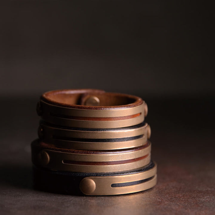 Pulsera de equilibrio de latón, cobre y cuero vintage con Buddha Stones