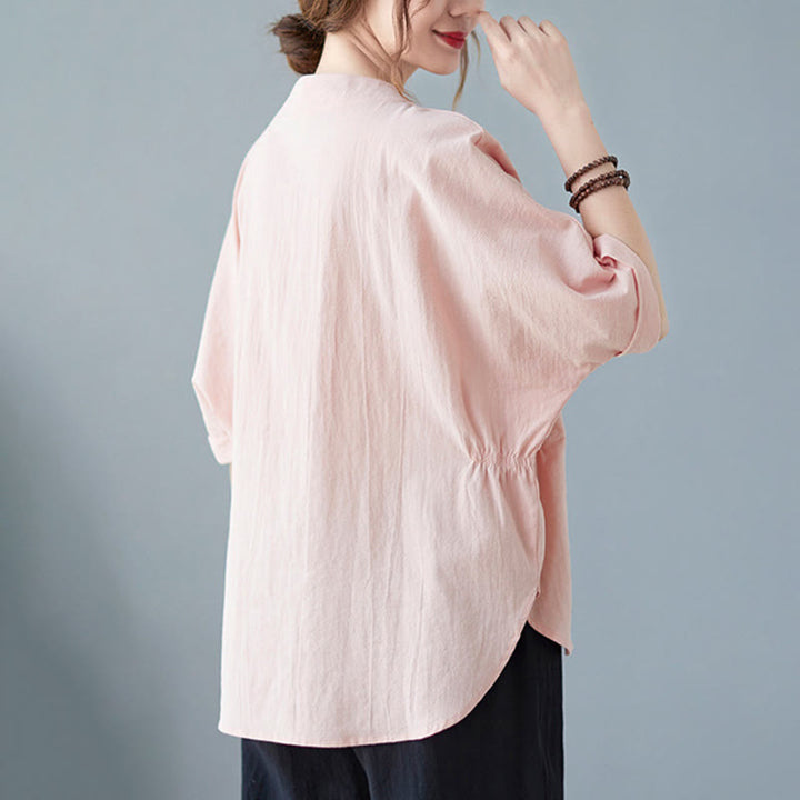 Camisa de lino y algodón de media manga con diseño de manga murciélago para mujer de Buddha Stones - image 18