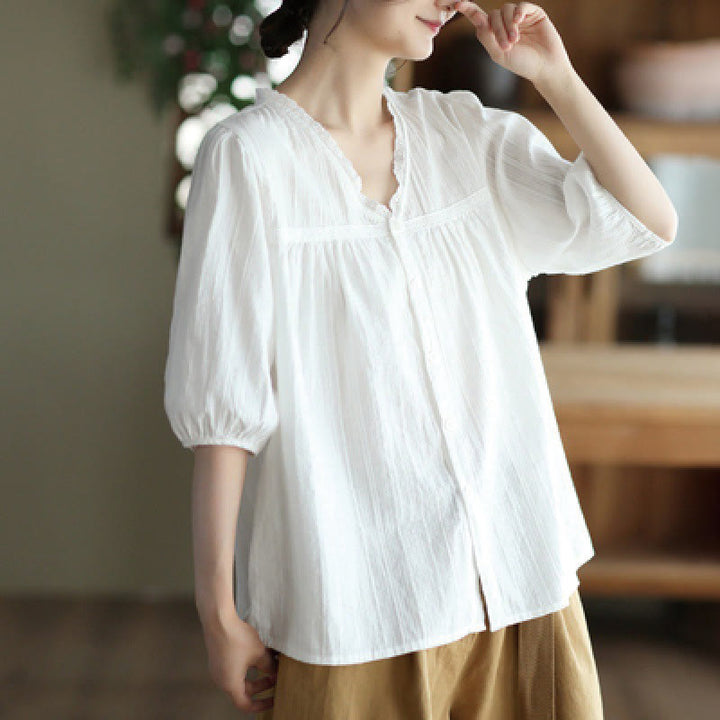 Camisa de algodón de media manga con escote en V y encaje blanco puro para mujer de Buddha Stones - Blanco - US8-10，UK/AU12-14，EU40-42 (2XL) - image 0