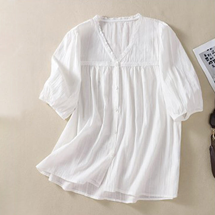 Camisa de algodón de media manga con escote en V y encaje blanco puro para mujer de Buddha Stones - image 4