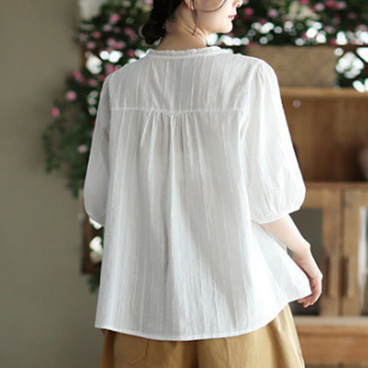 Camisa de algodón de media manga con escote en V y encaje blanco puro para mujer de Buddha Stones - image 2