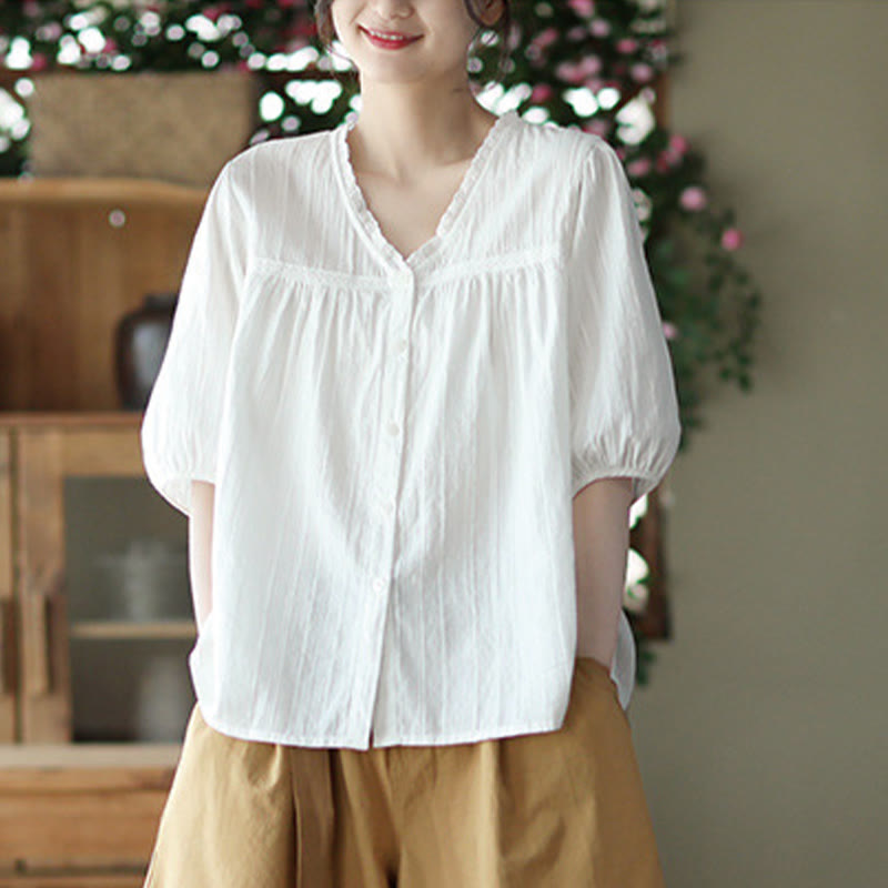 Camisa de algodón de media manga con escote en V y encaje blanco puro para mujer de Buddha Stones - image 1