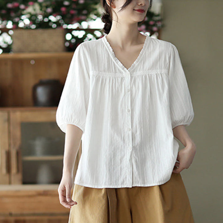 Camisa de algodón de media manga con escote en V y encaje blanco puro para mujer de Buddha Stones - image 9