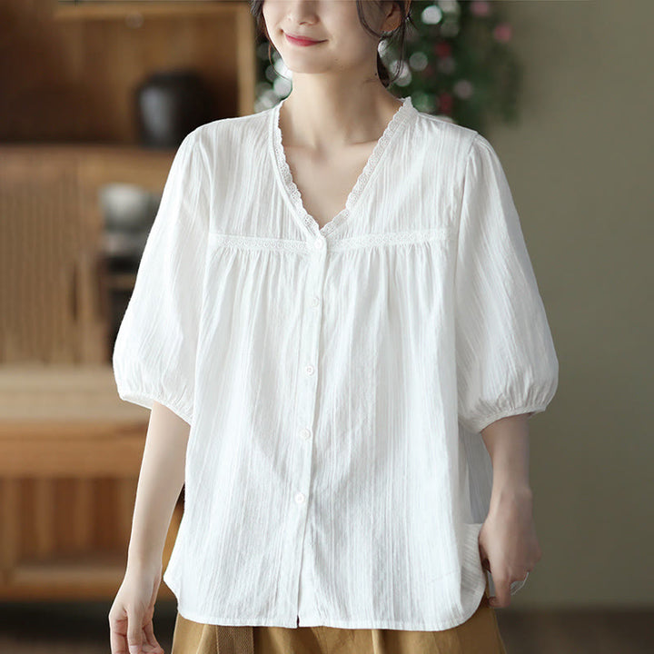 Camisa de algodón de media manga con escote en V y encaje blanco puro para mujer de Buddha Stones - image 8