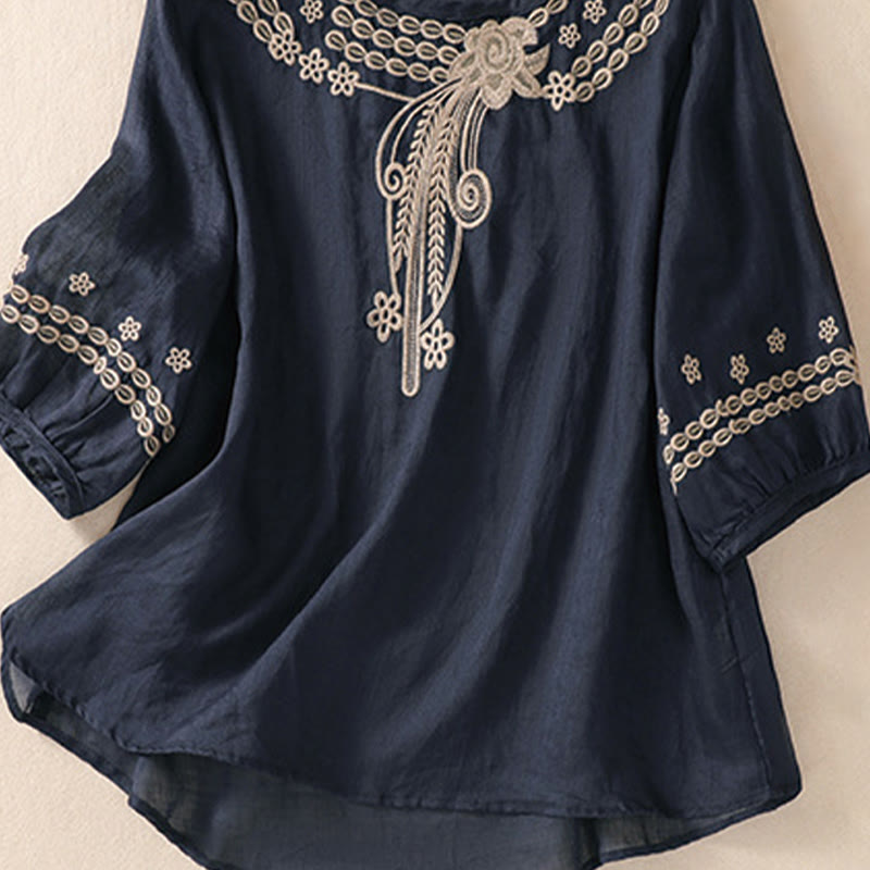 Camisa de lino y algodón de media manga con diseño hueco y cuello redondo para mujer de Buddha Stones - image 11