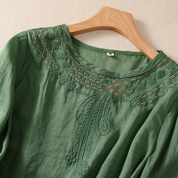 Camisa de lino y algodón de media manga con diseño hueco y cuello redondo para mujer de Buddha Stones - image 21