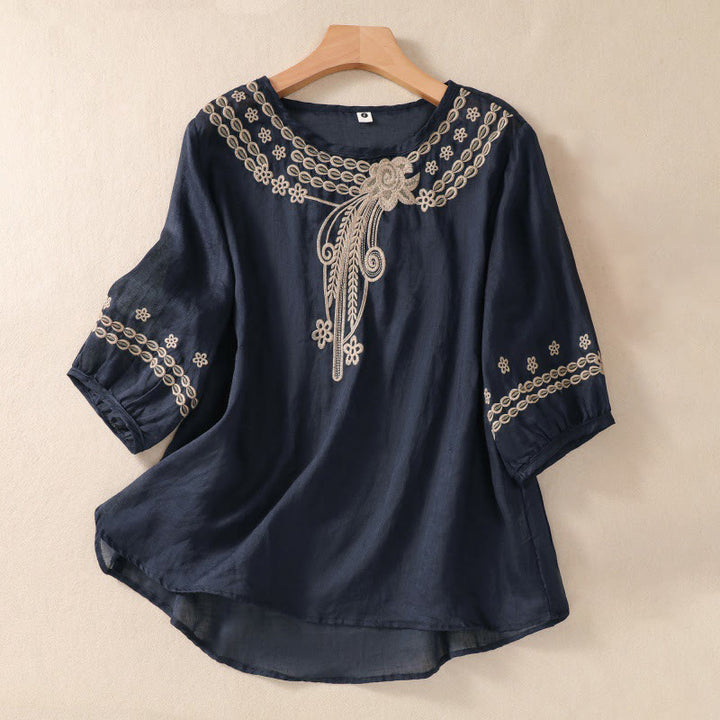 Camisa de lino y algodón de media manga con diseño hueco y cuello redondo para mujer de Buddha Stones - Azul medianoche - US8-10，UK/AU12-14，EU40-42 (2XL) - image 7