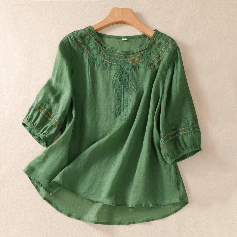 Camisa de lino y algodón de media manga con diseño hueco y cuello redondo para mujer de Buddha Stones - Verde mar medio - US8-10，UK/AU12-14，EU40-42 (2XL) - image 20