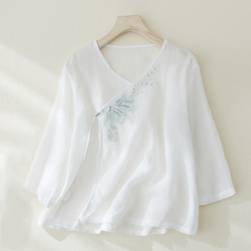 Camisa de lino y algodón con mangas tres cuartos y diseño de plantas bordadas para mujer con Buddha Stones - Blanco - US8-10，UK/AU12-14，EU40-42 (2XL) - image 7