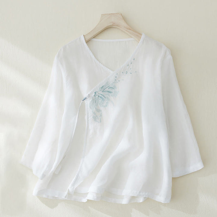 Camisa de lino y algodón con mangas tres cuartos y diseño de plantas bordadas para mujer con Buddha Stones - Blanco - US8-10，UK/AU12-14，EU40-42 (2XL) - image 7