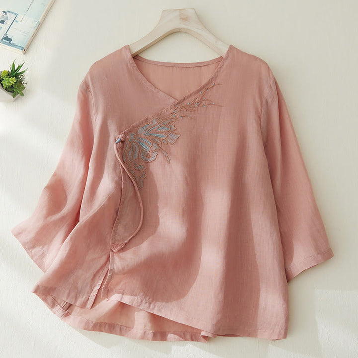 Camisa casual de manga tres cuartos para mujer con bordado de plantas y diseño de Buddha Stones. - Rosa Misty - US8-10，UK/AU12-14，EU40-42 (2XL) - image 0